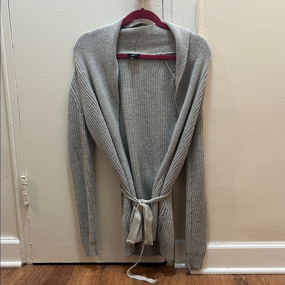 Talbots Gray Ribbed Women's Sweater with Tie Petite Small